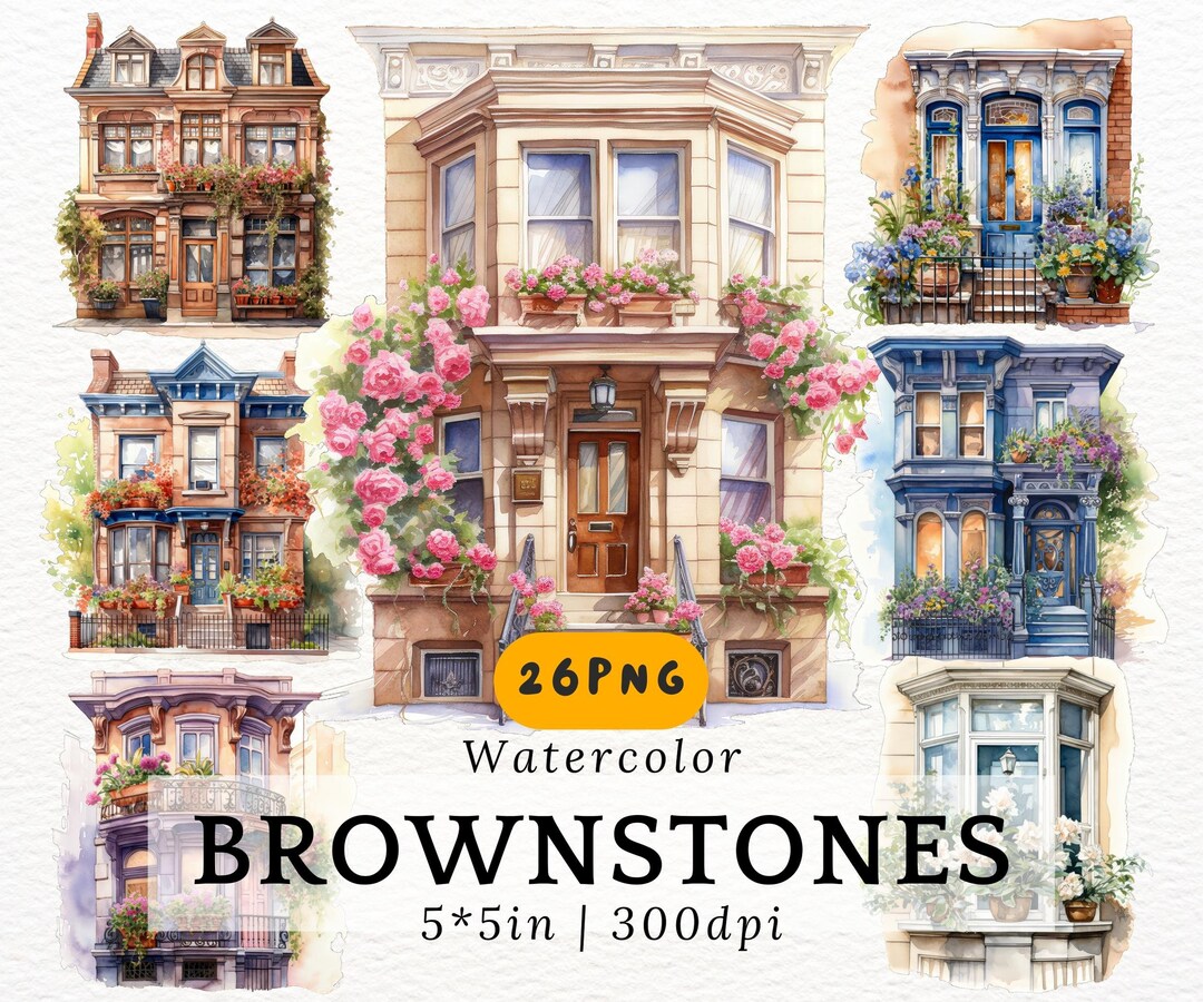 Watercolor Townhouse Clipart, Flowers and Plants, Cute Cozy Classic