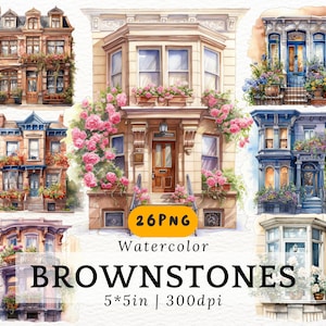 Watercolor Brownstone House PNG Clipart for Real Estate Branding Journals Cityscape Decor Travel Stickers Urban Home Digital Download