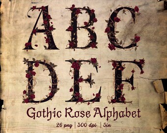Gothic Rose Alphabet PNG, Floral Letter Clipart A to Z Monogram Set Dark Romantic Botanical Letters for Stickers Cards Wedding Decor