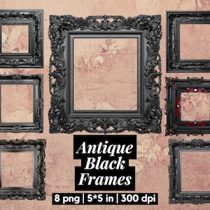 May include: Eight black antique picture frames with ornate details. Each frame is 5 inches by 5 inches and has a blank white space inside. The frames are arranged in a grid pattern on a textured background.