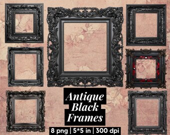 Gothic Black Frame Clipart Set Vintage Baroque Frames PNG for Junk Journals Scrapbook Collage Halloween Decor Digital Download