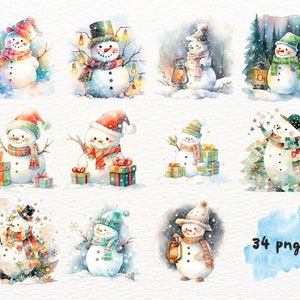 May include: A set of 10 watercolour illustrations featuring cute snowmen in various poses and settings. The snowmen are wearing hats, scarves, and mittens, and some are holding gifts or lanterns. The illustrations are perfect for adding a festive touch to your winter projects.