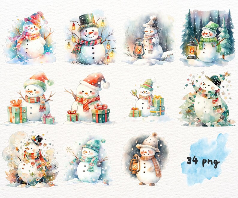 May include: A set of 10 watercolour illustrations featuring cute snowmen in various poses and settings. The snowmen are wearing hats, scarves, and mittens, and some are holding gifts or lanterns. The illustrations are perfect for adding a festive touch to your winter projects.