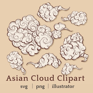May include: A set of vintage-style Asian cloud illustrations in cream and brown. The clouds feature swirling patterns and textured details. The text "Asian Cloud Clipart" is displayed below the cloud illustrations.