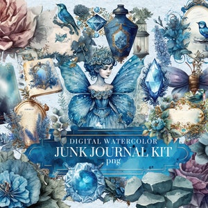 Kit de diário digital PNG, clipart vintage em aquarela, enfeites para scrapbook, borboletas, diamantes, desenhos botânicos para projetos criativos