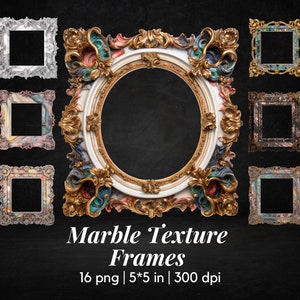 Puede incluir: Conjunto de 10 marcos digitales con textura de mármol. Los marcos son ornamentados y presentan una variedad de colores y patrones. Los marcos miden 12,7 cm por 12,7 cm y 300 dpi.