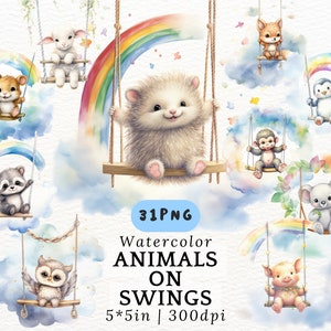 ブランコに乗る水彩画の赤ちゃん動物 PNG - 虹、雲、星が描かれたかわいい保育園の動物のクリップアート - かわいい森の動物の印刷可能なステッカー