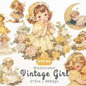 Watercolor Vintage Girl Clipart - Yellow Dress Retro Doll PNGs - Floral Teddy Bear Illustrations for Scrapbooking, Journaling, Card Making
