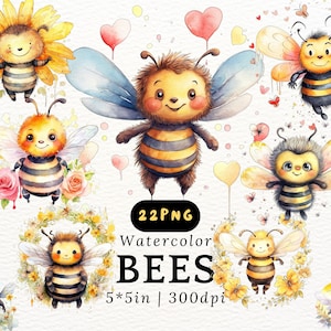 Chubby Bee Watercolor Clipart PNG Cute Baby Bees with Hearts and Flowers Transparent Background for Nursery Decor and Stickers