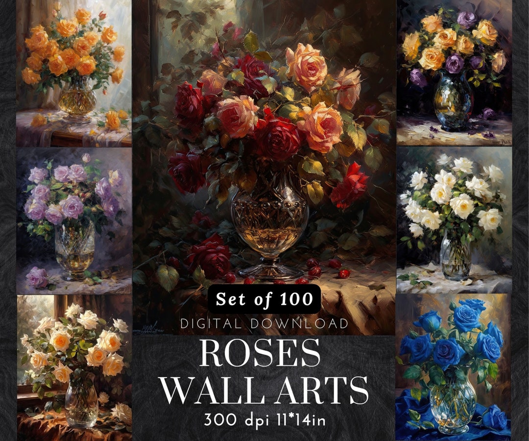 Dark Rose Oil Painting Print Set - Vintage Flowers in Glass Vase, Moody ...