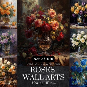Conjunto de impresiones de pintura al óleo de rosa oscura: flores vintage en jarrón de cristal, arte mural floral melancólico, galería de bodegones antiguos, descarga digital (11 x 14)