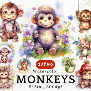 May include: Watercolor illustrations of adorable monkeys in various poses. One monkey wears suspenders, another sits among flowers, and one hangs from a vine. The image includes the text "MONKEYS" and "27 PNG".