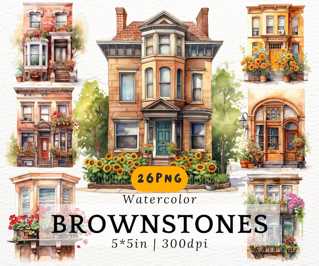 Watercolor Townhouse Clipart, Flowers and Plants, Cute Cozy Classic