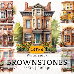 Aquarell Stadthaus Clipart, Blumen und Pflanzen, süße gemütliche klassische Brownstones, Vintage Stadthäuser, Stadthaus, Grundbesitz png