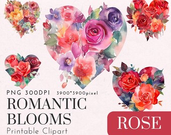 Watercolor Rose Heart Shaped PNG Clipart for Cards Scrapbooking Wedding Invites Valentines Crafts Printable Floral Download