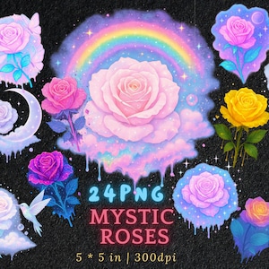 Pastel Fantasy Rose PNG Clipart tropfende Neon Galaxy Blumen Fee Mond Schmetterling Ästhetik digitaler Download für Aufkleber Karten Sublimation