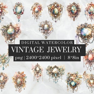 Clipart de joyas y perlas vintage en acuarela: 17 PNG, fondo transparente, diario basura, 300 DPI, accesorios elegantes y atemporales