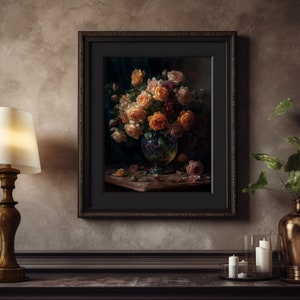 Dark Rose Oil Painting Print Set - Vintage Flowers in Glass Vase, Moody ...