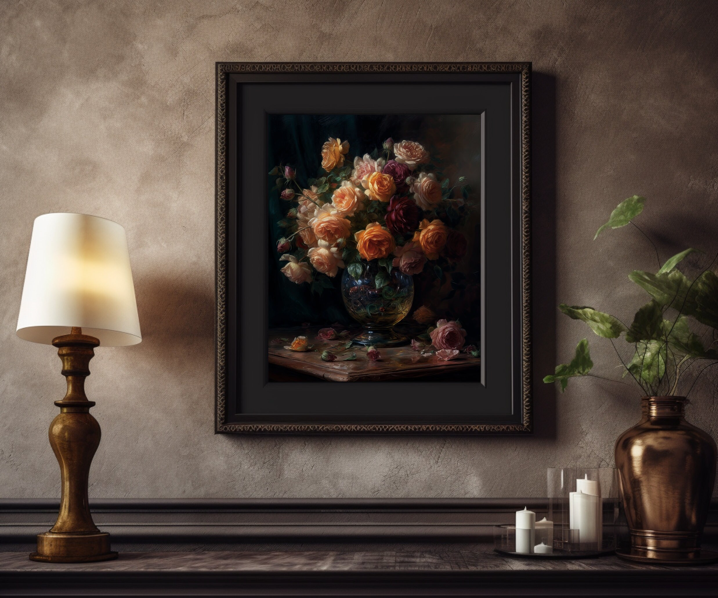 Dark Rose Oil Painting Print Set - Vintage Flowers in Glass Vase, Moody ...