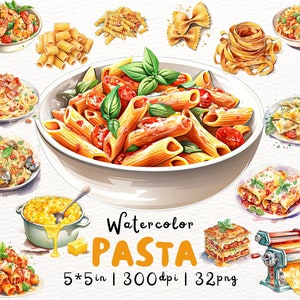 May include: Watercolor illustrations of various pasta dishes, including penne, lasagna, ravioli, and spaghetti. The illustrations are in a realistic style and feature vibrant colors. The text "Watercolor PASTA 5*5 in | 300 dpi | 32 png" is included in the image.