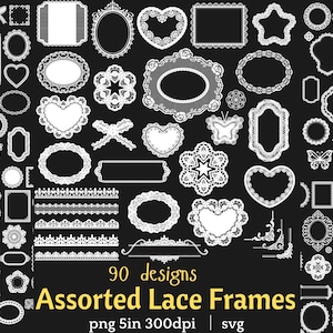 May include: A collection of 90 assorted white lace frame designs on a black background. The frames vary in shape, including ovals, hearts, rectangles, and stars. The text "Assorted Lace Frames" is displayed in yellow.