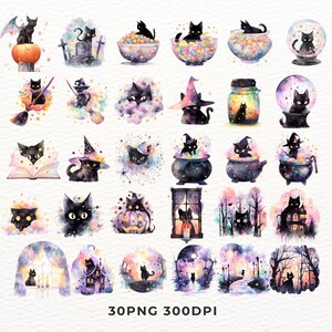 May include: A set of 30 watercolor illustrations featuring black cats in various Halloween-themed scenes. The illustrations include cats in cauldrons, pumpkins, and snow globes. The illustrations are perfect for adding a touch of whimsy to your Halloween projects.