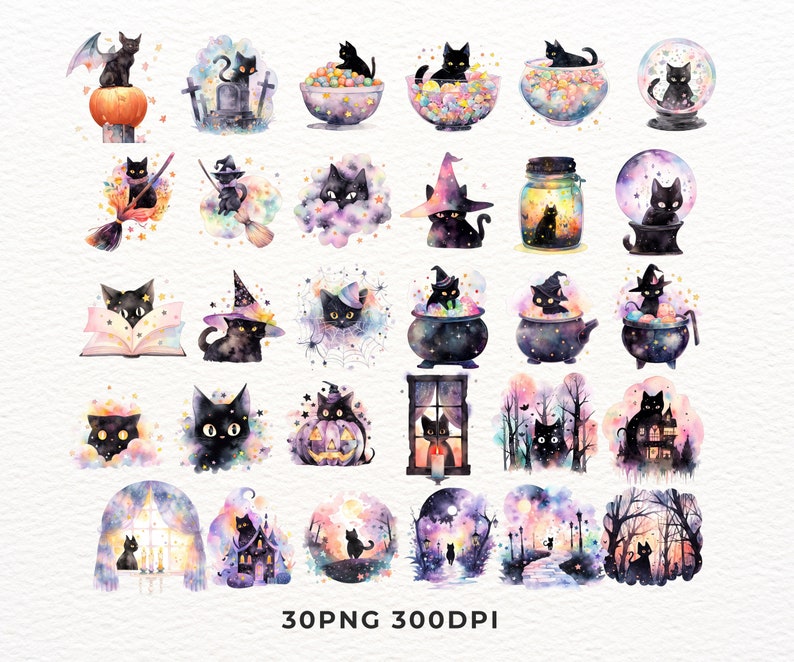 May include: A set of 30 watercolor illustrations featuring black cats in various Halloween-themed scenes. The illustrations include cats in cauldrons, pumpkins, and snow globes. The illustrations are perfect for adding a touch of whimsy to your Halloween projects.