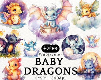 May include: A set of 10 watercolor illustrations of baby dragons in various poses and settings. The dragons are depicted in shades of blue, green, orange, and purple, with intricate details and whimsical expressions. The illustrations are perfect for adding a touch of fantasy to any project.