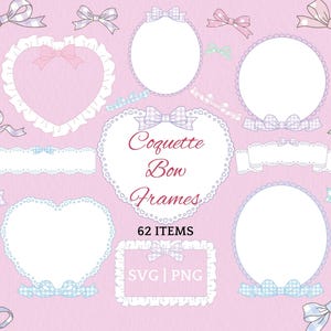 Coquette Bow Clipart SVG and PNG Lace Heart Frames Kawaii Ribbon Bows Doily Border Pastel Labels Cute Girly Aesthetic for Cricut Canva
