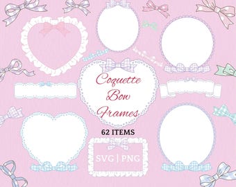 Coquette Bow Clipart SVG and PNG Lace Heart Frames Kawaii Ribbon Bows Doily Border Pastel Labels Cute Girly Aesthetic for Cricut Canva
