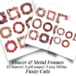 Pode incluir: Um conjunto de 23 imagens digitais de flores e molduras de metal, perfeitas para artesanato e scrapbooking. As molduras são decoradas com flores vermelhas, rosas e brancas. As imagens estão disponíveis nos formatos PDF e PNG.