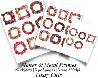 Fussy Cut Flower and Metal Frames Printable Clipart for Junk Journal Scrapbooking Collage Mixed Media DIY Embellishments PDF PNG Download