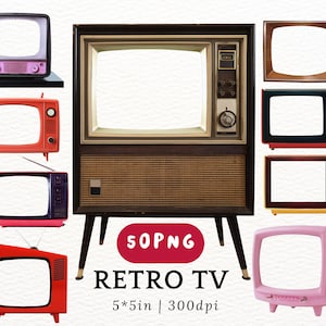 May include: Set of ten vintage television clip art images. The televisions are in various colours and styles, including black and white, colour, and wood-grain finishes. The televisions are all rectangular and have a screen in the centre. The images are perfect for adding a retro touch to your designs.