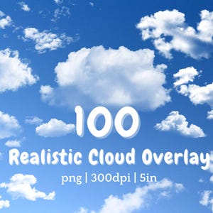 May include: A bright blue sky filled with fluffy white clouds. The number "100" is displayed in white, along with the text "Realistic Cloud Overlay". Additional text indicates the file type, resolution, and size: png | 300dpi | 5in.