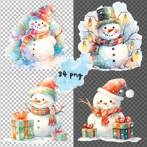 May include: Three watercolour illustrations of snowmen with wintery details. The first snowman is wearing a red and white hat and scarf, the second is wearing a black top hat and a red and green scarf, and the third is wearing a red and white hat and a red and black plaid scarf. All three snowmen are holding gifts.