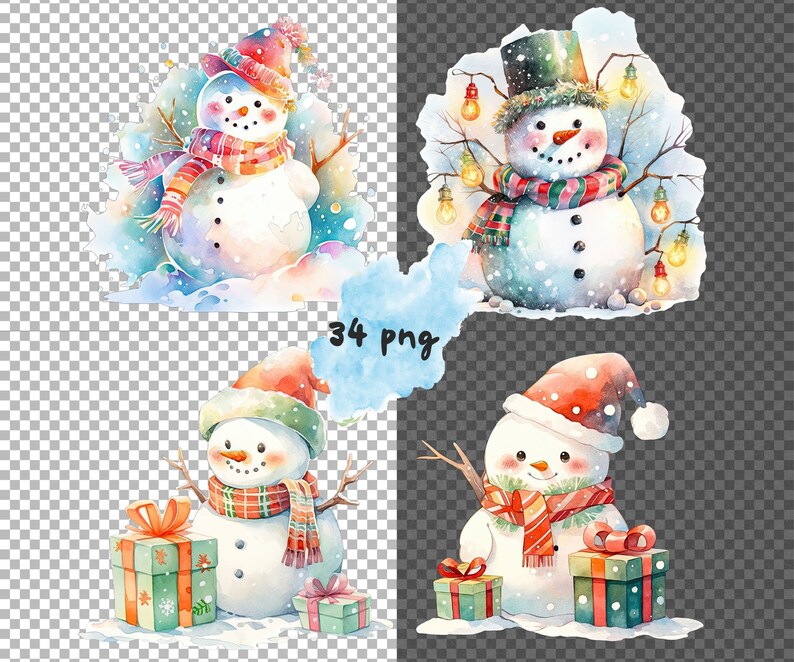 May include: Three watercolour illustrations of snowmen with wintery details. The first snowman is wearing a red and white hat and scarf, the second is wearing a black top hat and a red and green scarf, and the third is wearing a red and white hat and a red and black plaid scarf. All three snowmen are holding gifts.