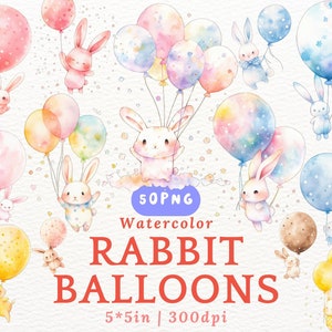 Pastell Häschen Ballon PNG Clipart Aquarell Baby Kaninchen mit Luftballons Niedliche Kawaii Häschen Clipart für Baby Shower Nursery Party Decor