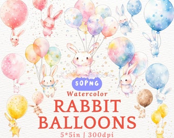 Pastel Bunny Balloon PNG Clipart Watercolor Baby Rabbits with Balloons Cute Kawaii Bunny Clipart for Baby Shower Nursery Party Decor
