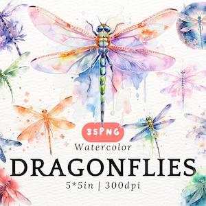 気まぐれなトンボの水彩画クリップアート、PNG、魔法の昆虫のイラスト、カード用のおとぎ話の虫、子供向けアート、透明な背景、300 DPI
