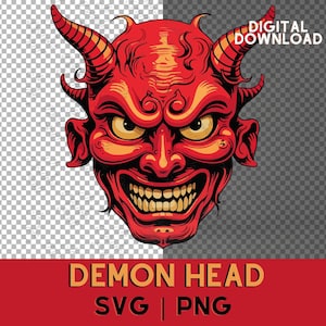 May include: A red demon head with horns, a menacing grin, and sharp teeth. The demon's eyes are yellow and the background is a checkered pattern.