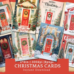 Tarjetas navideñas vintage, postales navideñas con temática de casa, descarga digital, casa de puerta roja con adornos navideños, tarjeta de vacaciones de invierno, png