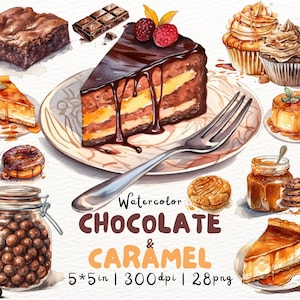 Chocolade en karamel desserts clipartbundel - aquarel koekjes illustraties, bakkerij clipart, junk tijdschriften, kaarten maken, scrapbooking