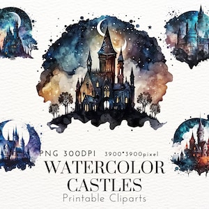 Watercolor Castle Clipart - Moonlit Fantasy Castles PNG, 300DPI Printable Gothic Fairytale Castles, Celestial Palace Art, Digital Download