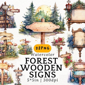 Clipart di cartelli in legno acquerellati, cartelli stradali magici della foresta d'epoca con fiori, funghi e foglie png, cartello stradale vuoto fantasy