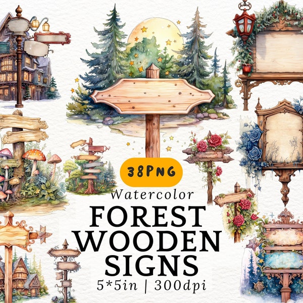 Watercolor Wooden Sign Clipart, Vintage Forest Magical Road Signs with Flowers, Mushrooms and Leaves png, Fantasy Blank Road Direction Sign