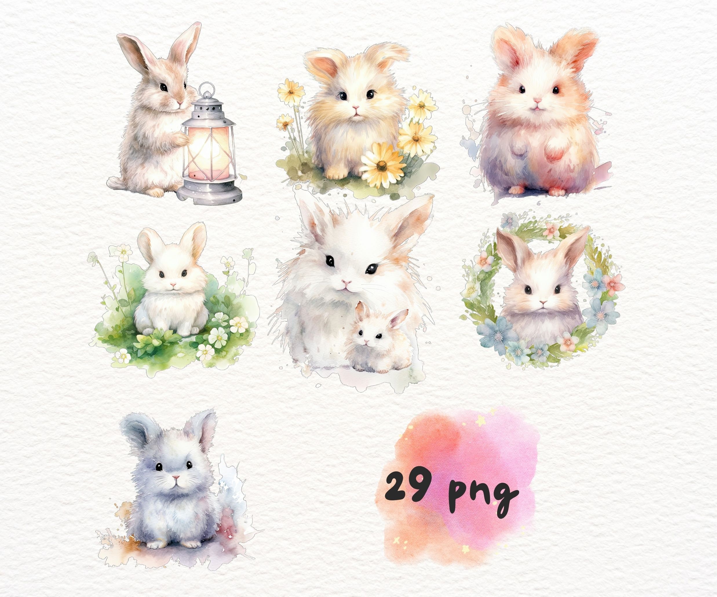 Watercolor Bunny Clipart Cute Baby Rabbit PNG Set for Nursery Decor ...