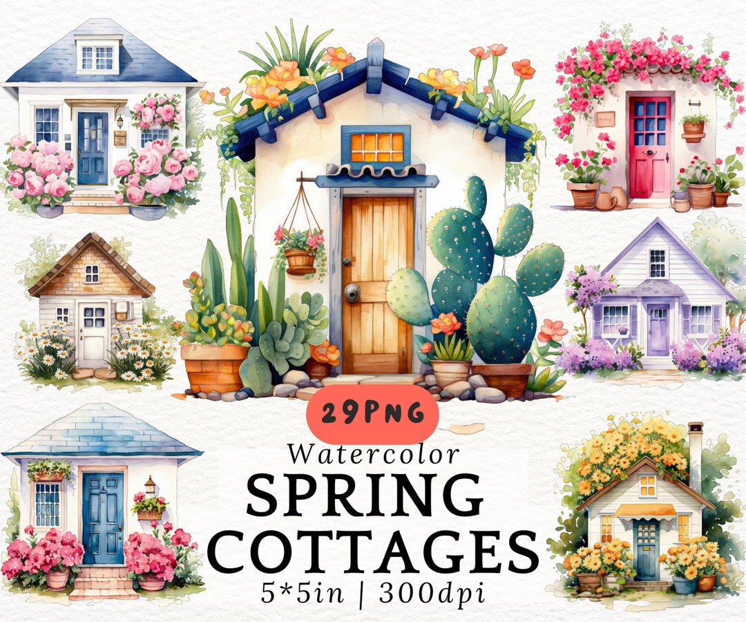 Watercolor Spring Cottage Clipart,cozy Vintage House Pngs With Flowers ...