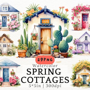 Clipart di cottage primaverili ad acquerello, PNG di case vintage accoglienti con fiori e piante, graziose case di campagna per album, biglietti, design immobiliare