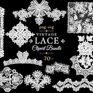 May include: A digital collection of white lace graphic elements on a black background, featuring various floral patterns, borders, and a bow. The central text reads: png + svg VINTAGE LACE Clipart Bundle 70+. These intricate designs include symmetrical motifs.