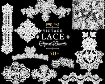 Vintage Lace Clipart Bundle: 70 Ornamental Patterns, Editable SVG and White PNG, Vintage Block Print Style